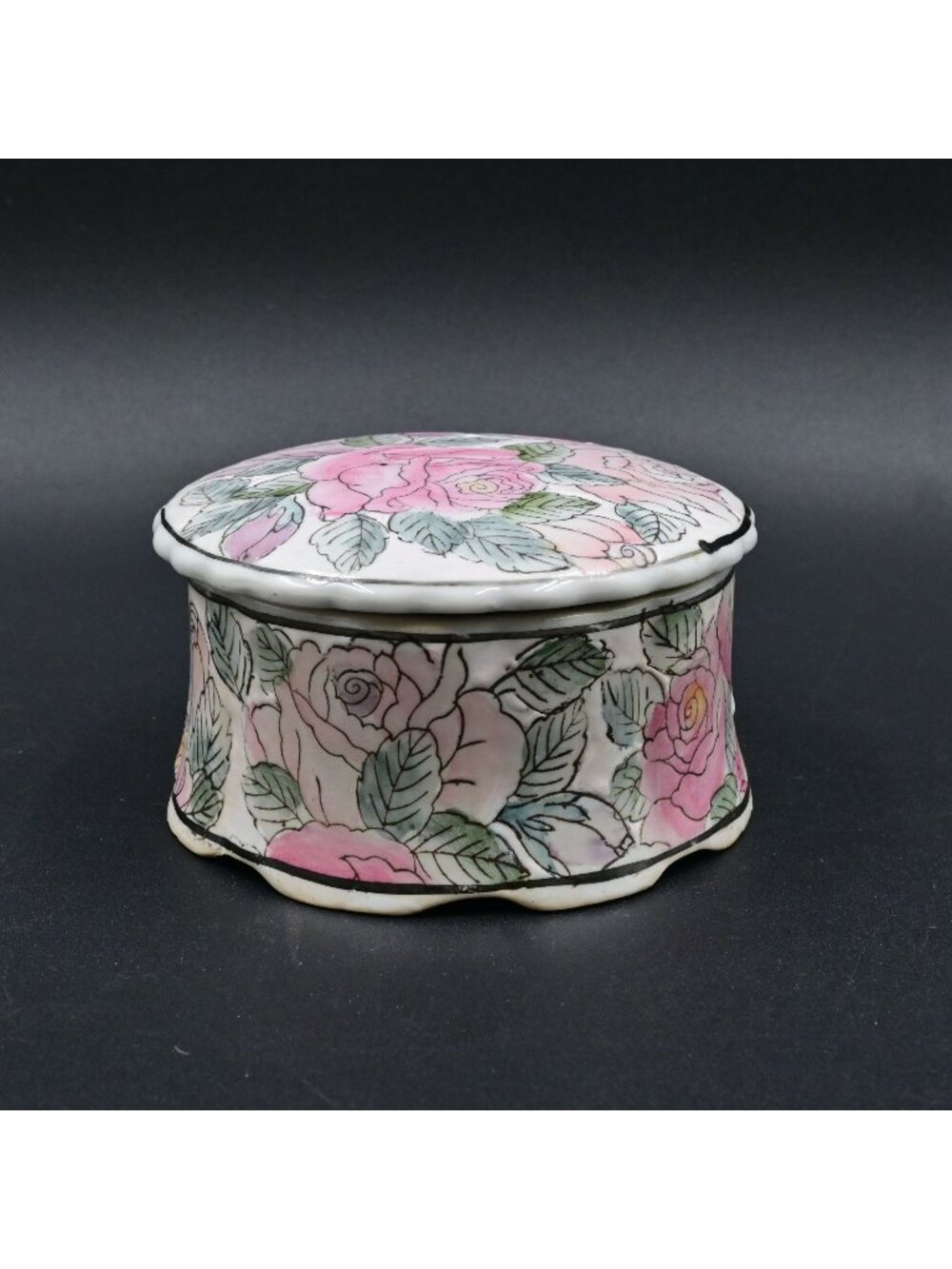 Andrea by Sadek Porcelain Floral Trinket Box Round Pink Rose Vanity Dish Vintage